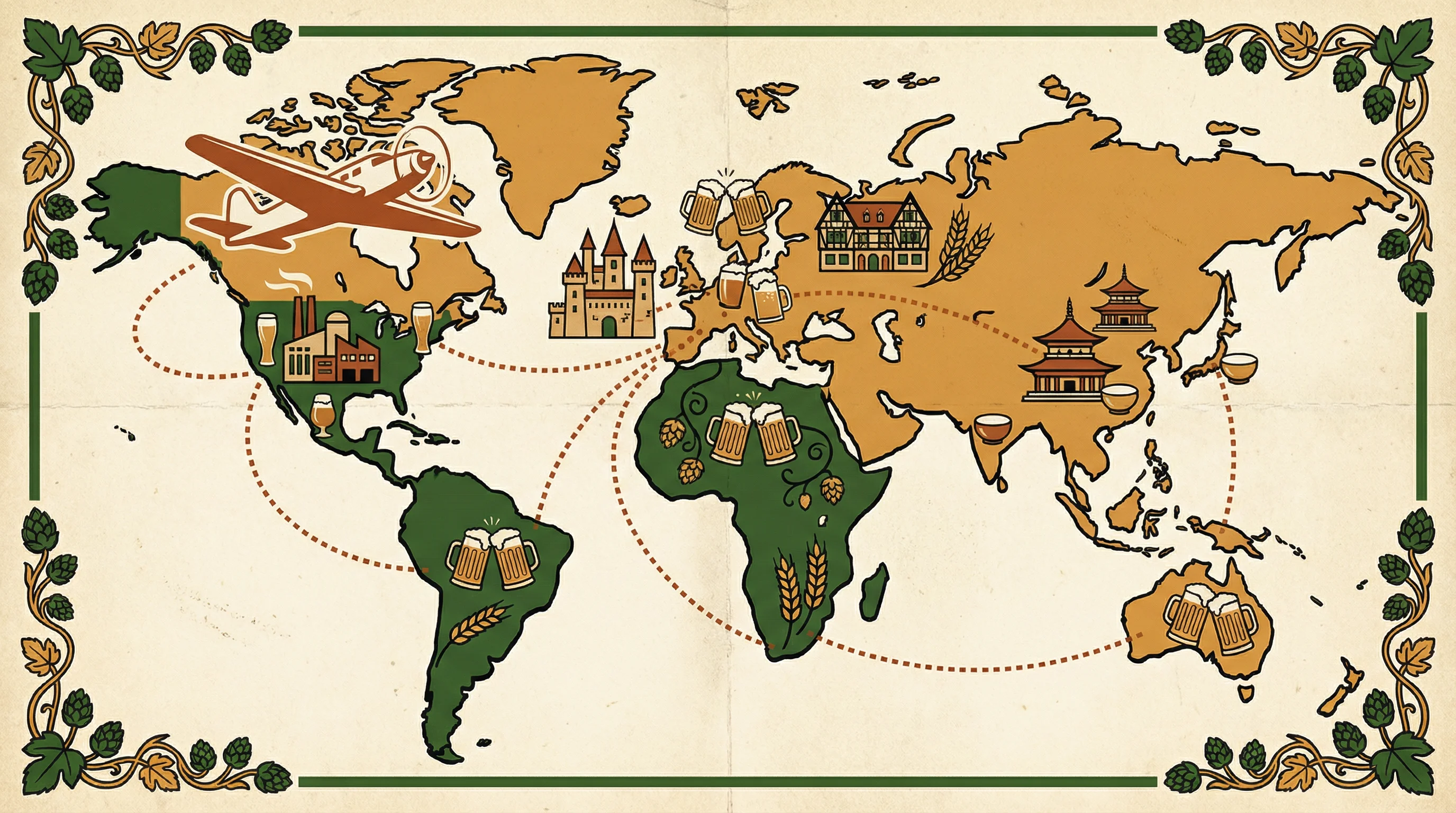 Vintage world map showing brewery tour destinations